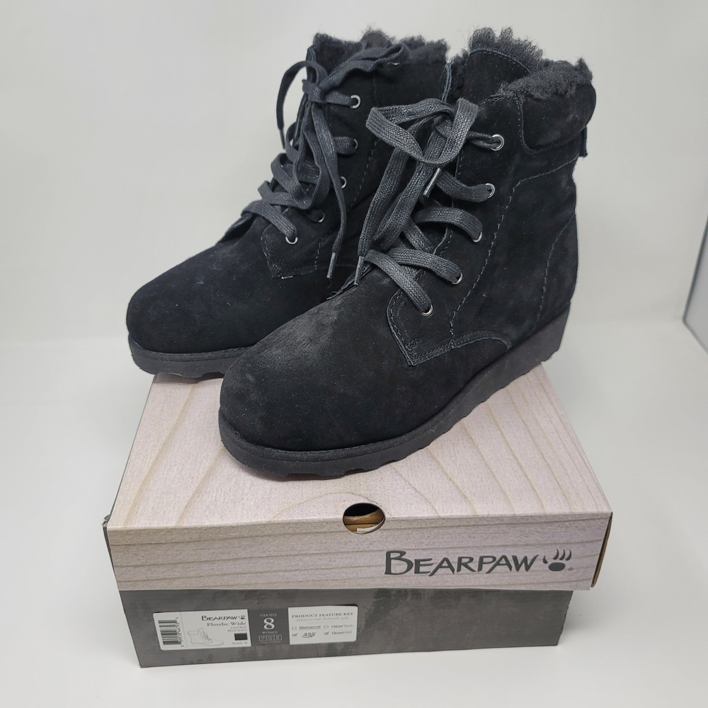 BEARPAW Phoebe Suede LaceUp Winter‎ Hiking Boots Sheepskin Black Sz 8W Neverwet